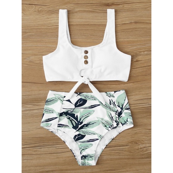 Ribbed tankini knot bikini tropical leaf white - Picture 2 of 4